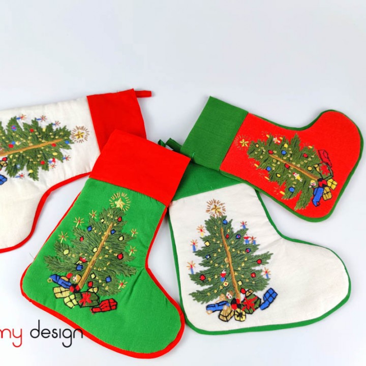 Small white Christmas boots with pine tree & gift embroidery(green border)